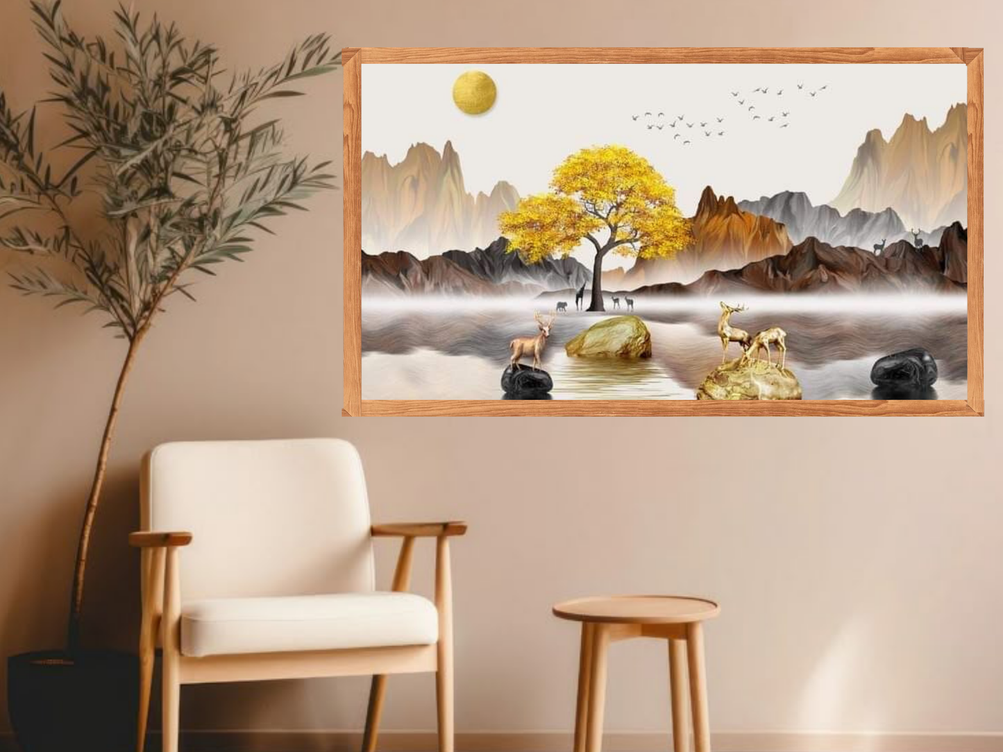 Golden Tree & Deer Landscape Canvas Wall Art – Elegant Nature-Inspired Décor