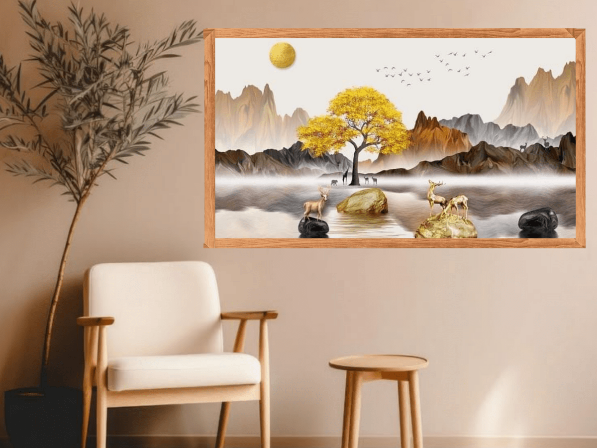 Golden tree artwork with deer for home wall decor