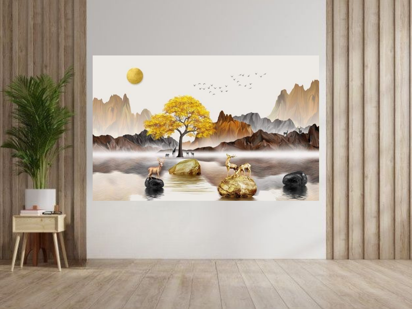 Golden Tree & Deer Landscape Canvas Wall Art – Elegant Nature-Inspired Décor