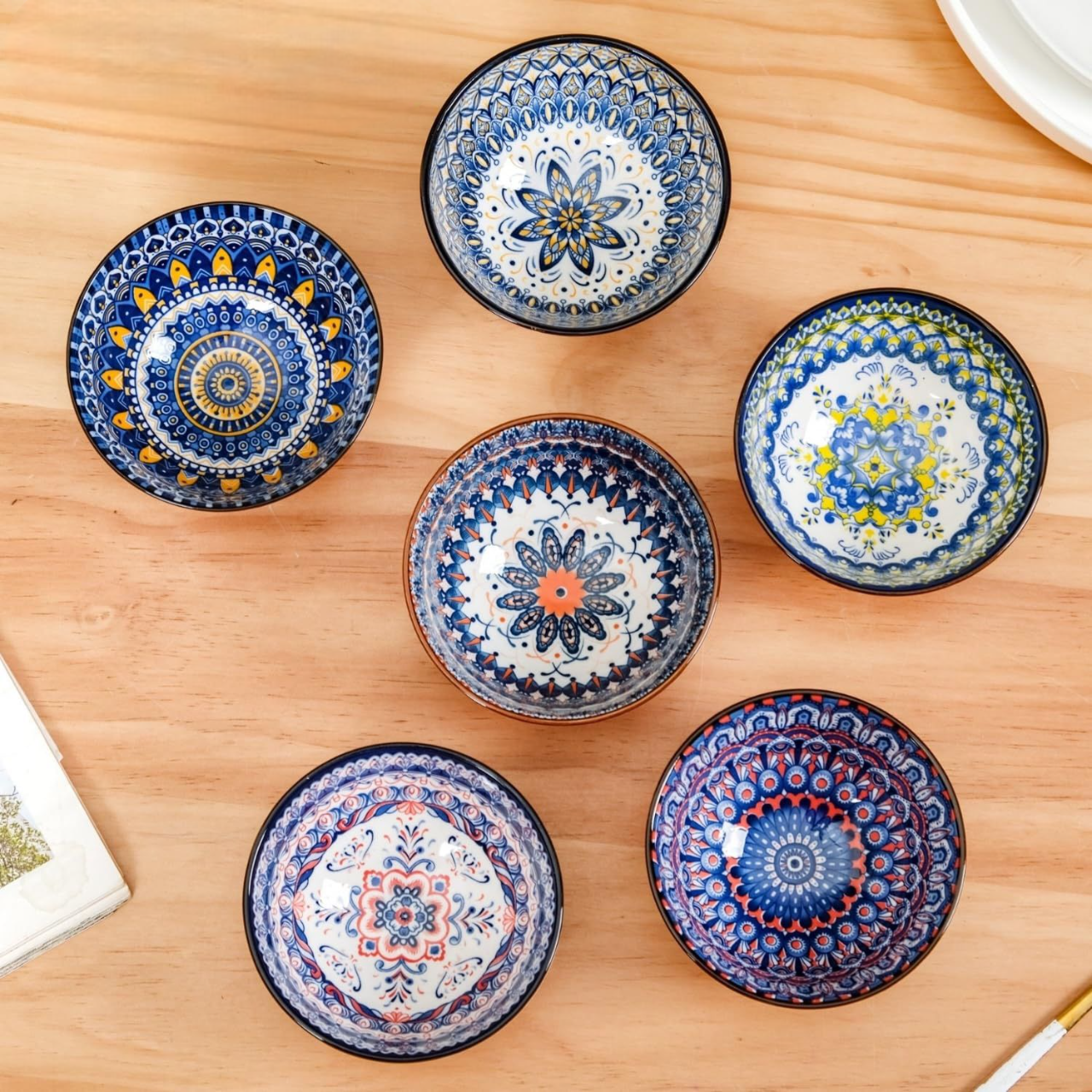 Bohemian Mosaic Ceramic Bowls – Set of 6 | Handcrafted Multi-Pattern Snack Bowls