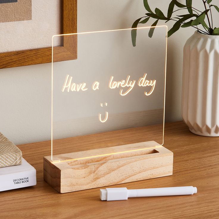 Luminious 3D Acrylic Writing DIY Board with 12 Pens LED Night Light Message Board, Rewritable Message board with Wooden stand, Dry Erase Board for Home & Office. - Memories InsiteWood message board -3