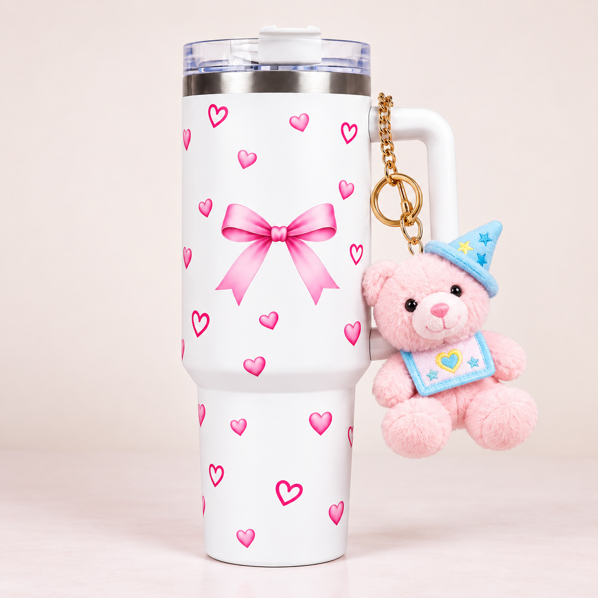 Bow & Heart Print Tumbler with Handle & Charm | Reusable Travel Cup | Cute Everyday Drinkware