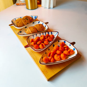 Indigo Leaf Ceramic Platter Set – 4 Leaf-Shaped Plates with Wooden Tray | Elegant Serveware