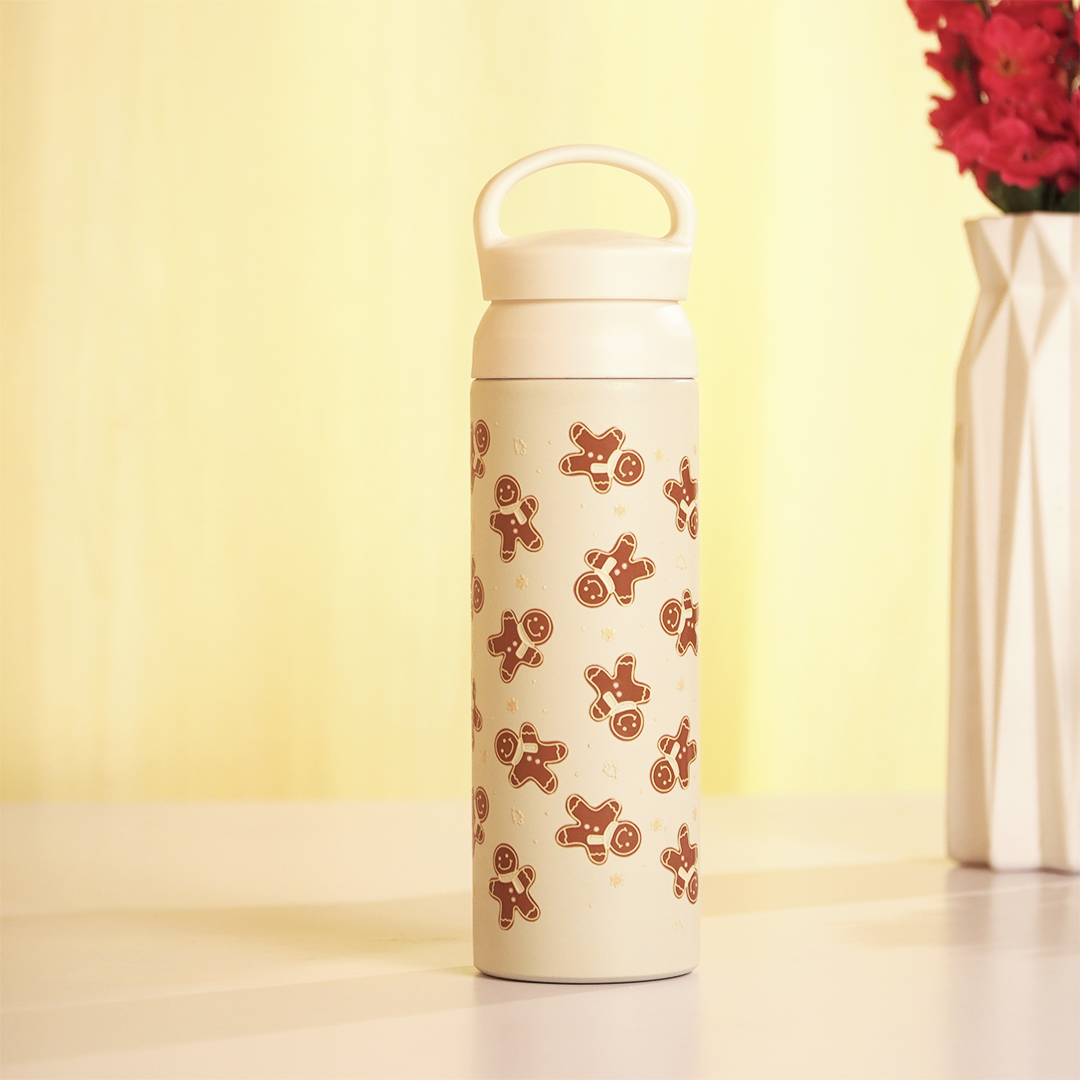 Christmas Gingerbread Vacuum Insulated Tumbler – 490ml Hot & Cold Stainless Steel Bottle with Carry Loop Lid