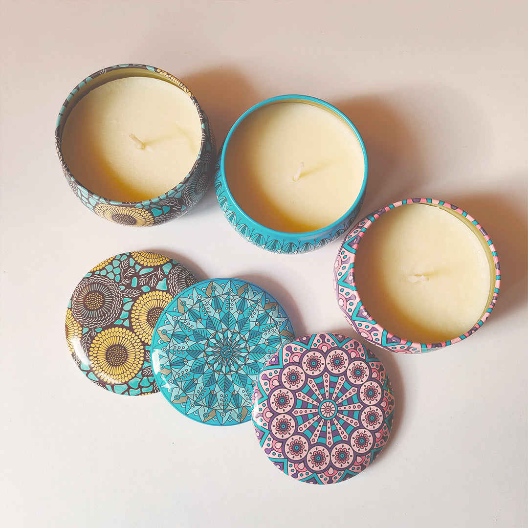 Mandala Glow Scented Candles – Set of 3 Boho Decorative Tins