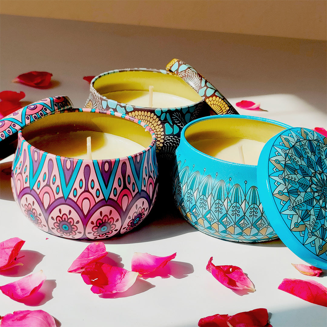 Mandala Glow Scented Candles – Set of 3 Boho Decorative Tins