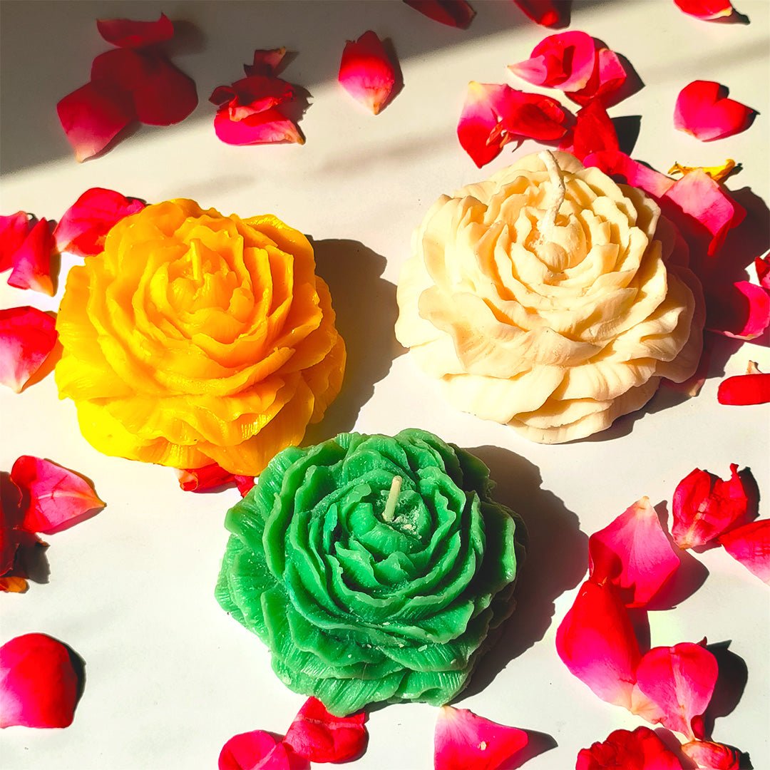 set of 3 Decorative Rose Flower Candles (White, Yellow & Green) – Perfect for Home Décor & Gifting - Memories InsiteROSE GLOW CANDLE SET OF 3