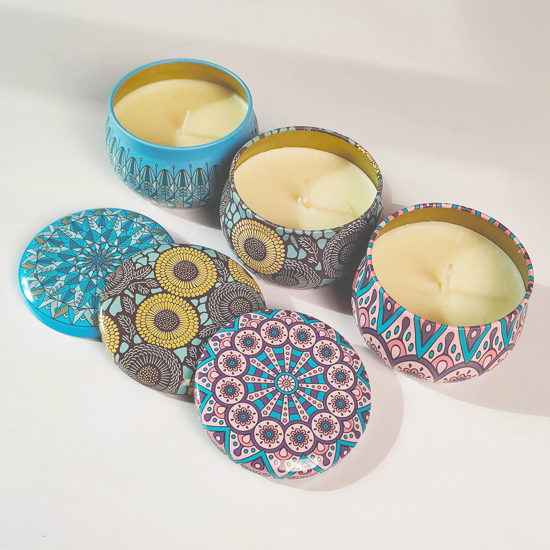 Mandala Glow Scented Candles – Set of 3 Boho Decorative Tins