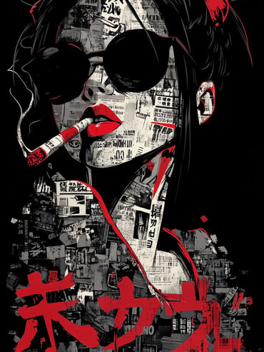 Edgy Anime Girl Canvas Wall Art | Black Red Urban Pop Art Painting