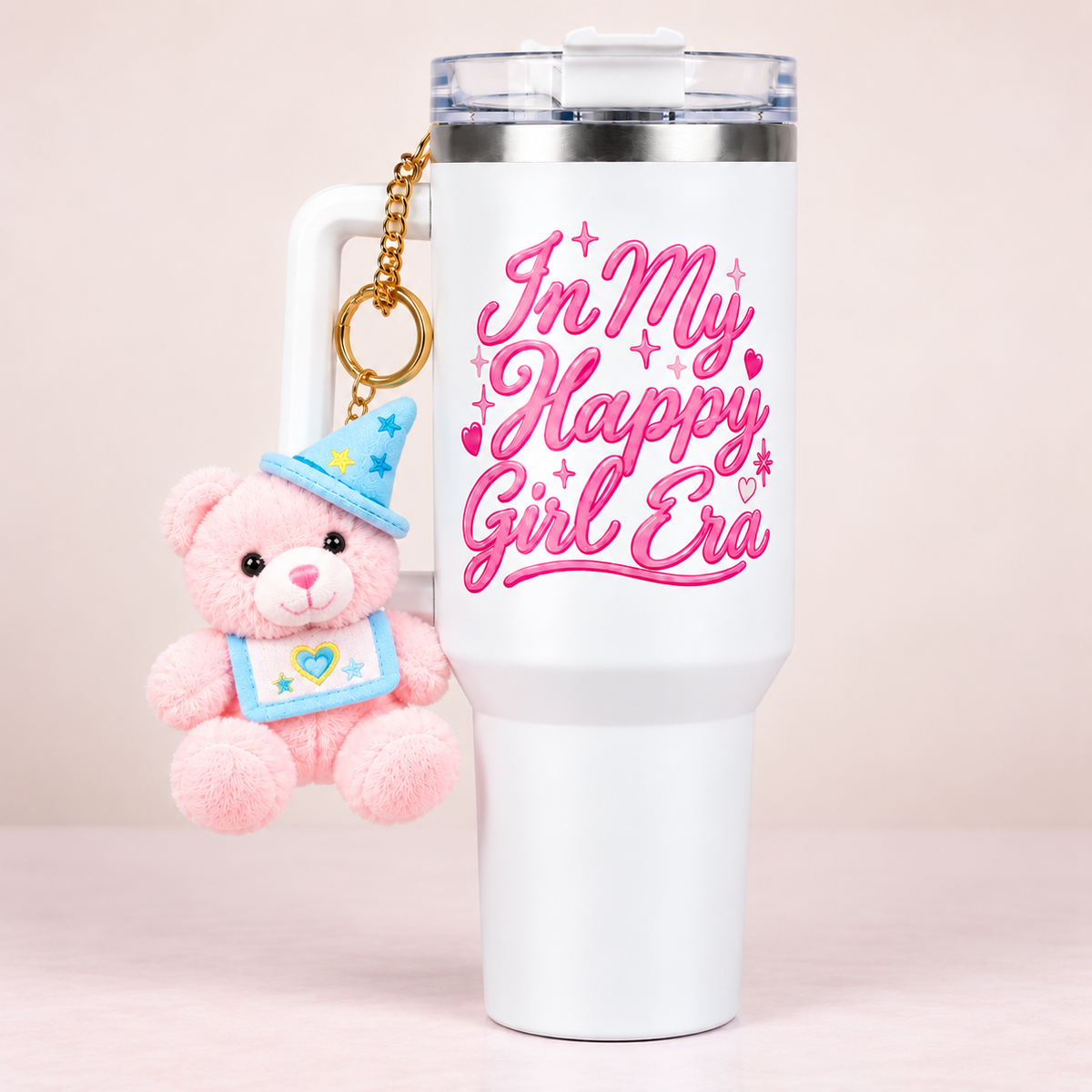 In My Happy Girl Era Printed Tumbler with Handle & Charm | Reusable Travel Cup | Cute Everyday Drinkware
