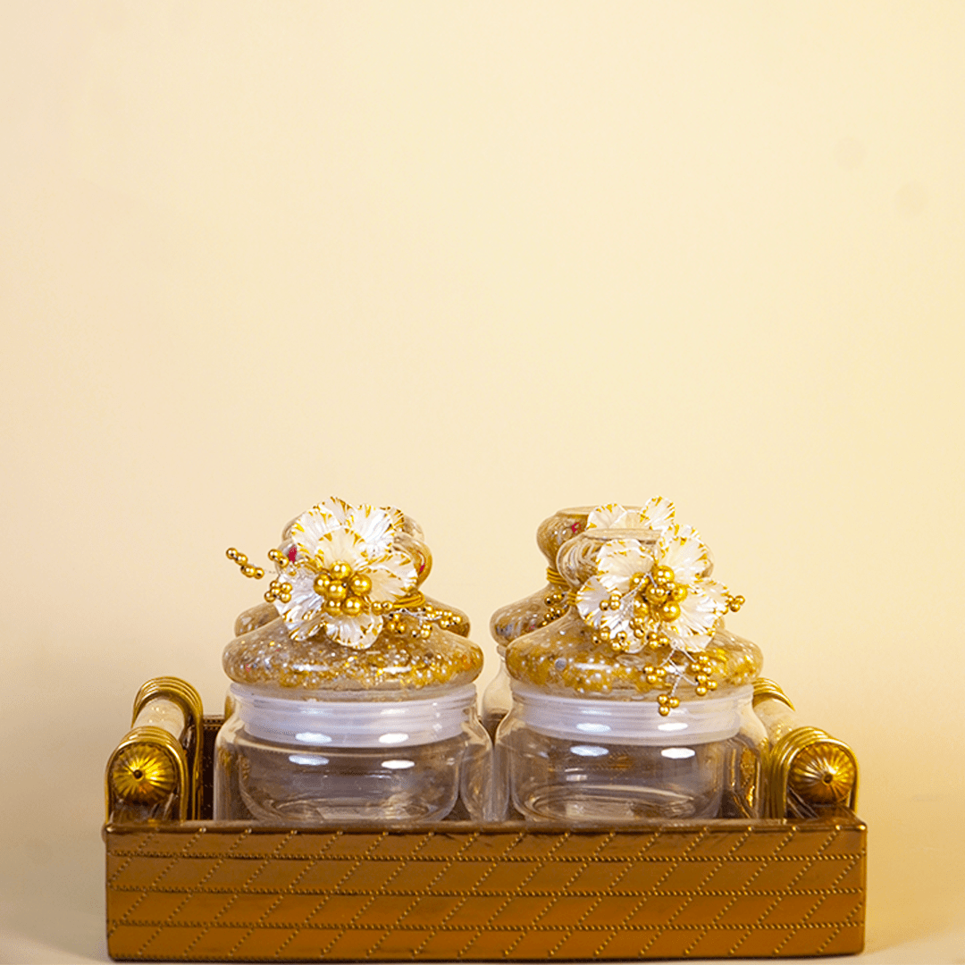 Set of 4 Golden Delight Festive Jar Set – Decorative Snack & Dry Fruit Jars for Gifting & Home Décor - Memories InsiteGOLDEN DELIGHT JAR SET OF 4