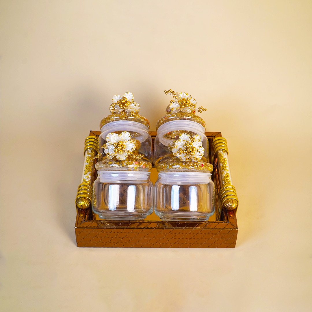 Set of 4 Golden Delight Festive Jar Set – Decorative Snack & Dry Fruit Jars for Gifting & Home Décor
