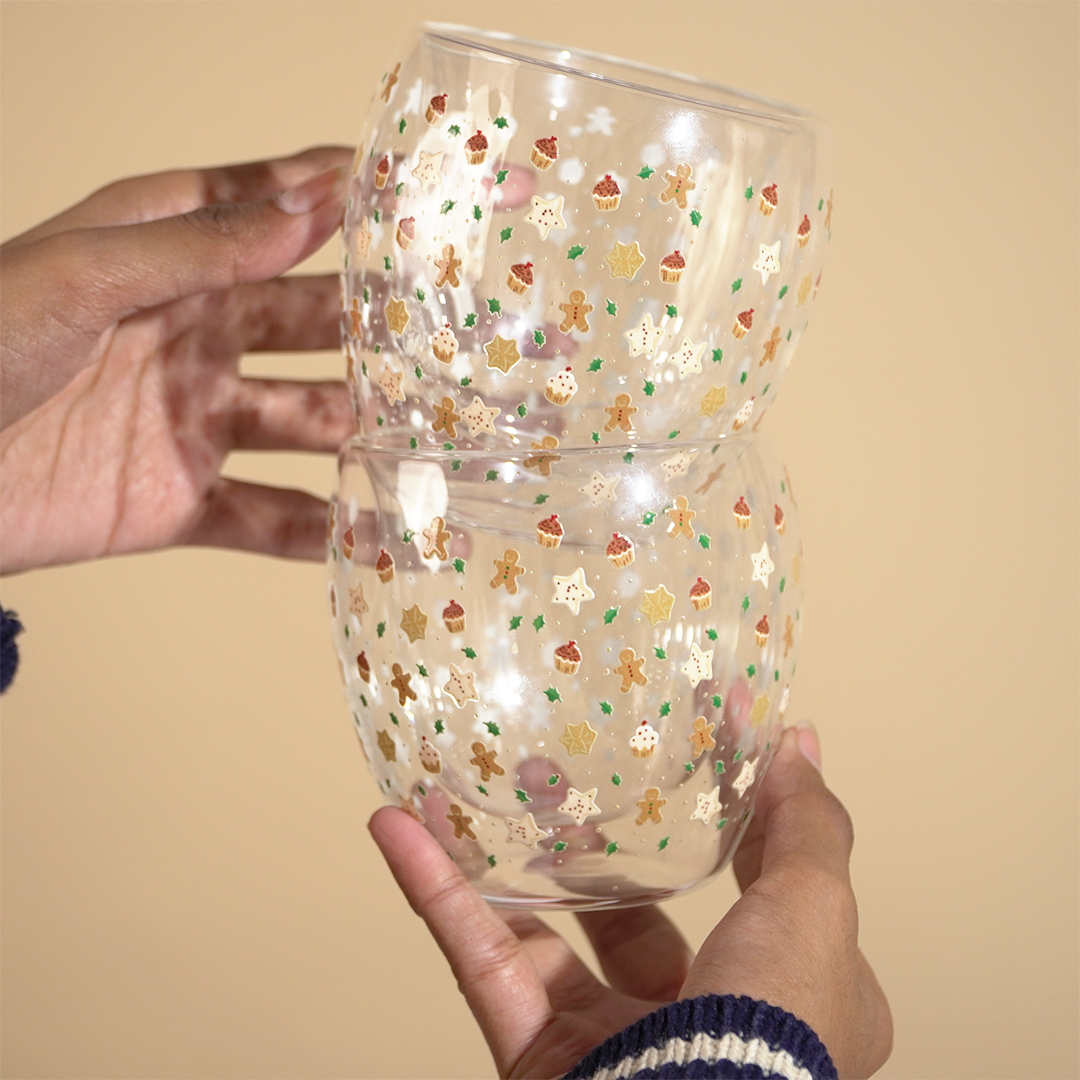 Set-2 Christmas Gingerbread & Stars -Double Wall Glass Mug