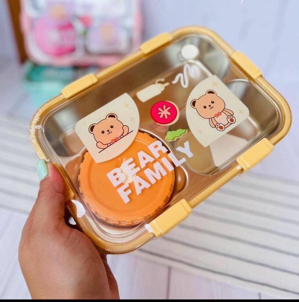 Personalized Stainless Steel Bear Family Bento Lunch Box (3 Grid) With Bowl for Kids - Memories InsiteBEAR FAMILY LUNCH BOX-4 YELLOW