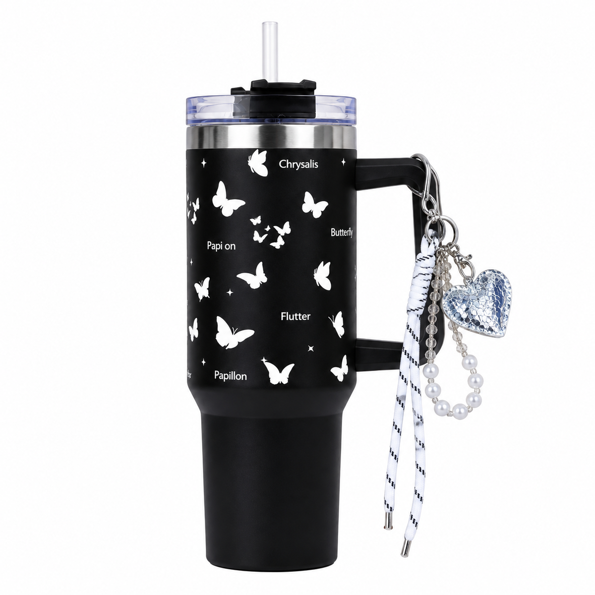 Black Butterfly Print Tumbler with Straw & Handle – Insulated Travel Tumbler