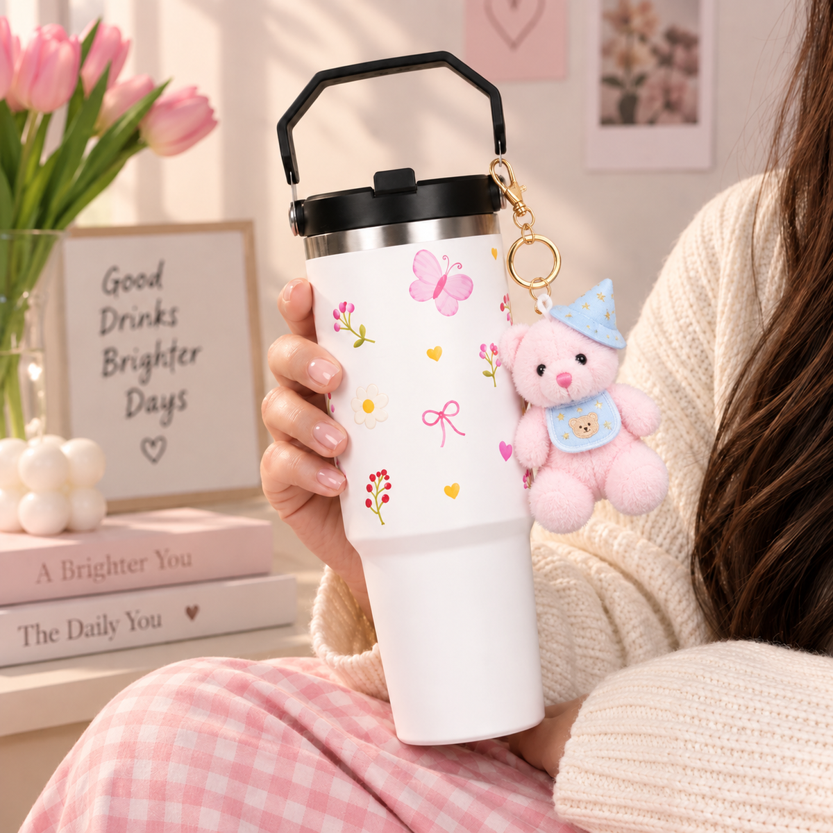 Butterfly & Floral Print Tumbler with Handle | Reusable Travel Cup (RANDOM CHARM )