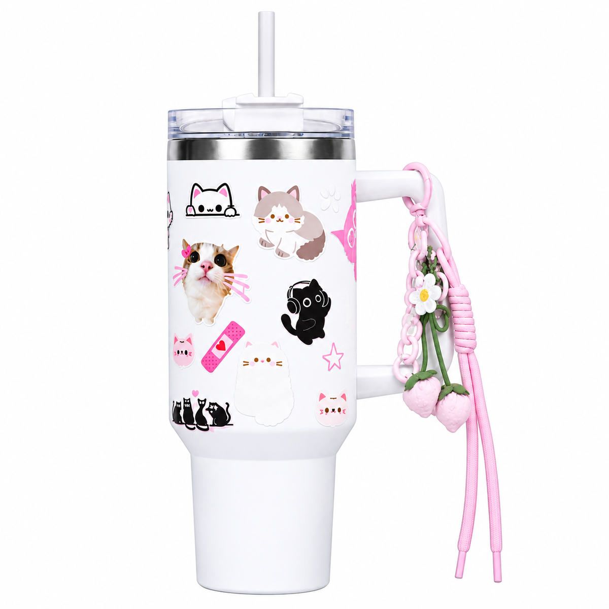 White Cat Print Tumbler with Straw & Handle – Cute Aesthetic Travel Tumbler