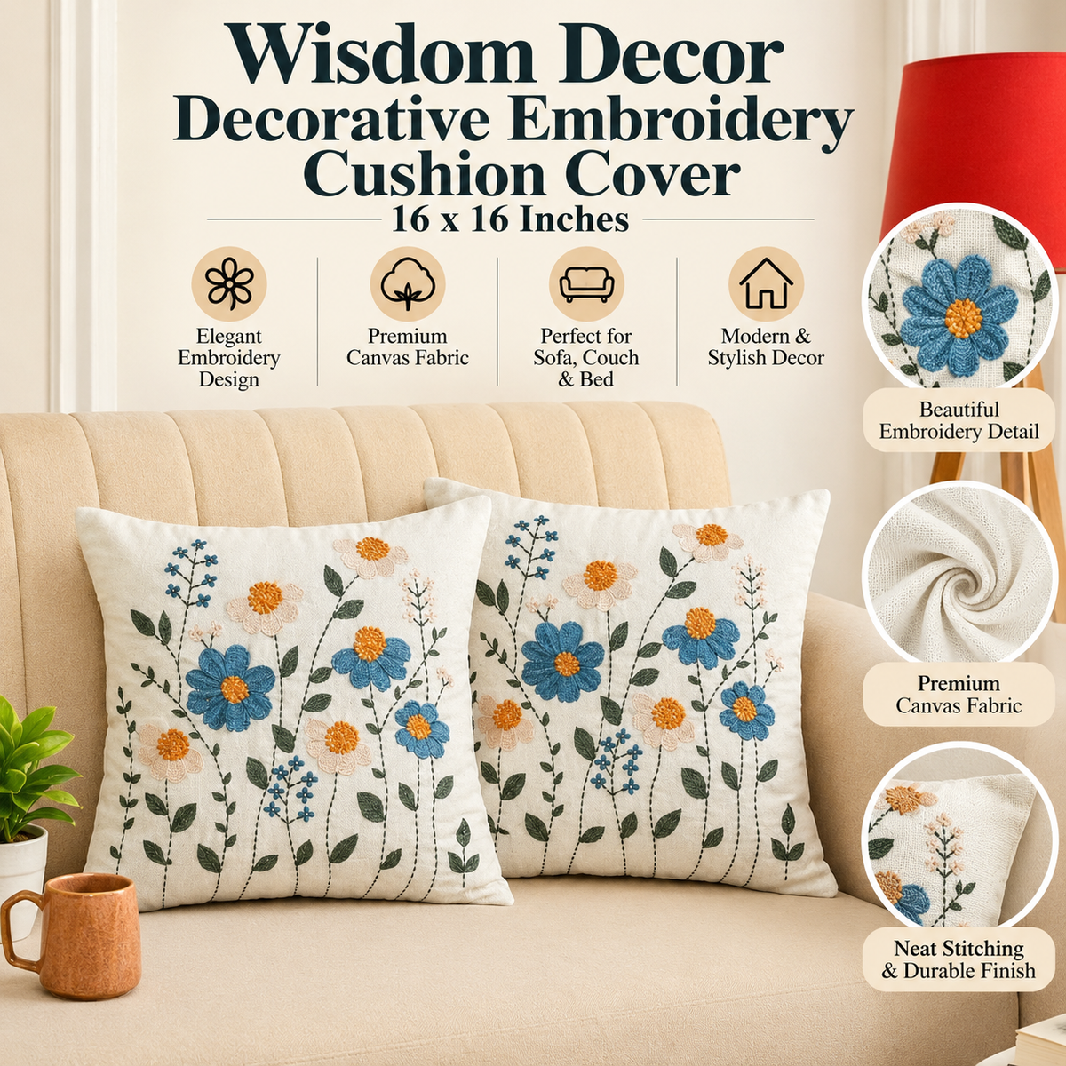 Blue and Yellow Flower Embroidered Cushion Covers for Sofa & Bed – Set of 2