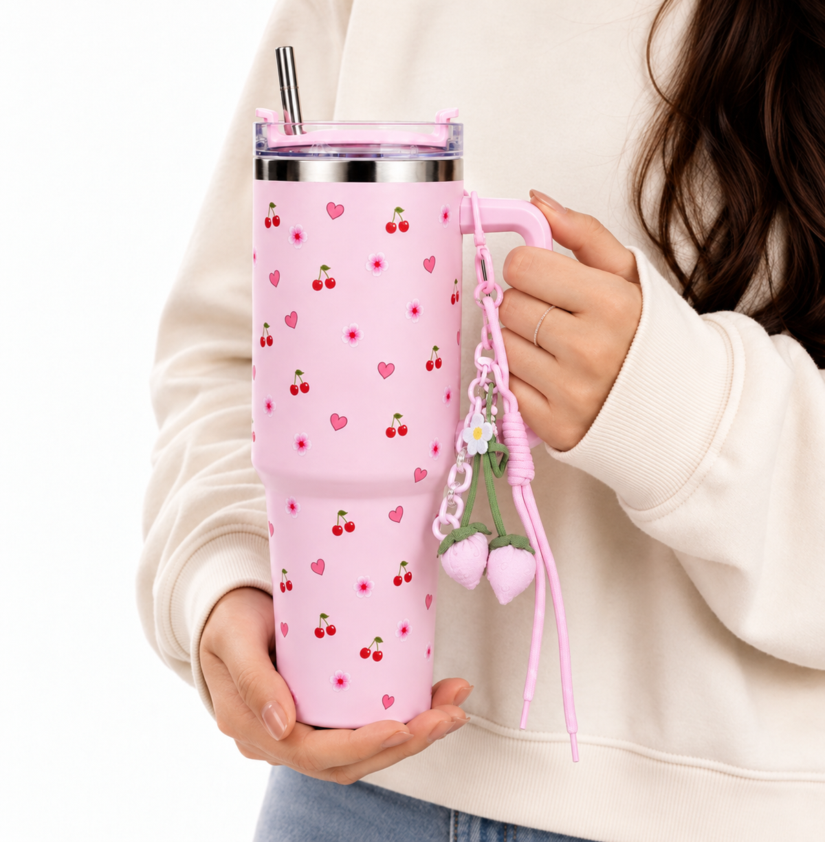 Personalised Pink Cherry & Floral Print Tumbler – Insulated Travel Tumbler with Handle & Straw