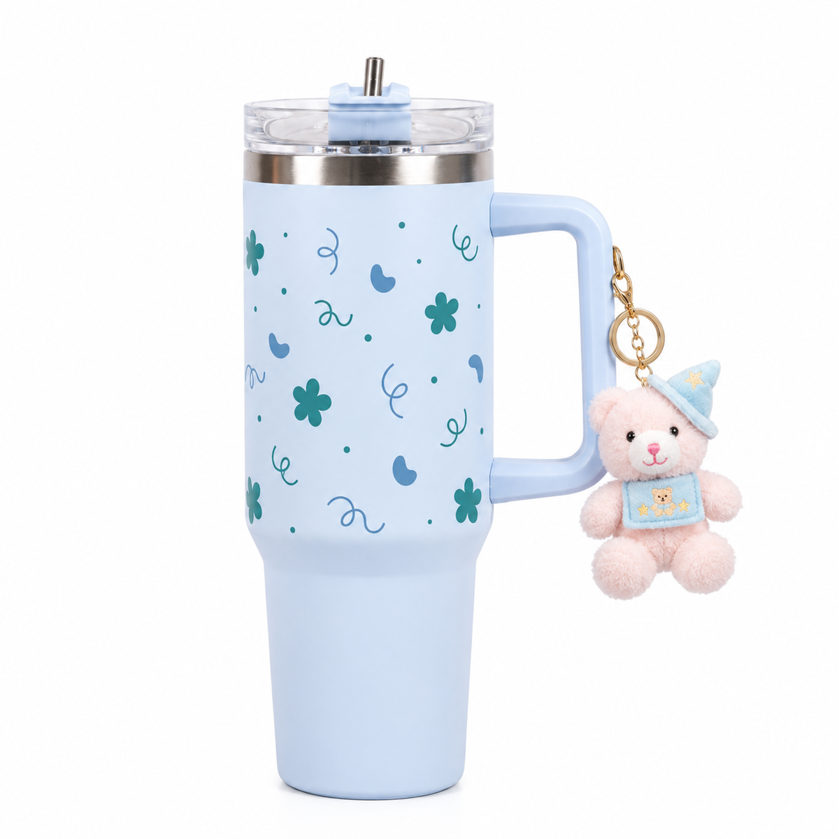 Blue Floral & Heart Print Tumbler – Insulated Travel Tumbler with Handle & Straw