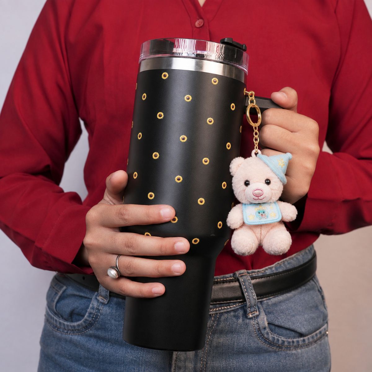 Black Sunflower Tumbler with Handle & Straw – Cute Floral Reusable Travel Cup for Women & Girls