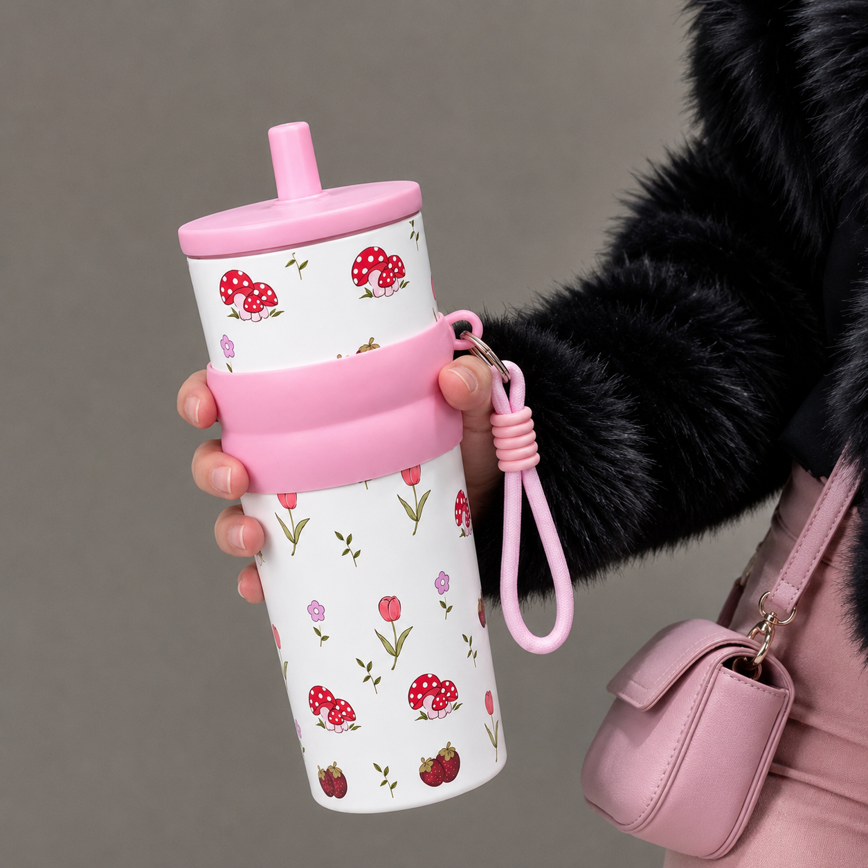 Floral & Mushroom Stainless Steel Insulated Tumbler with Straw & Carry Loop
