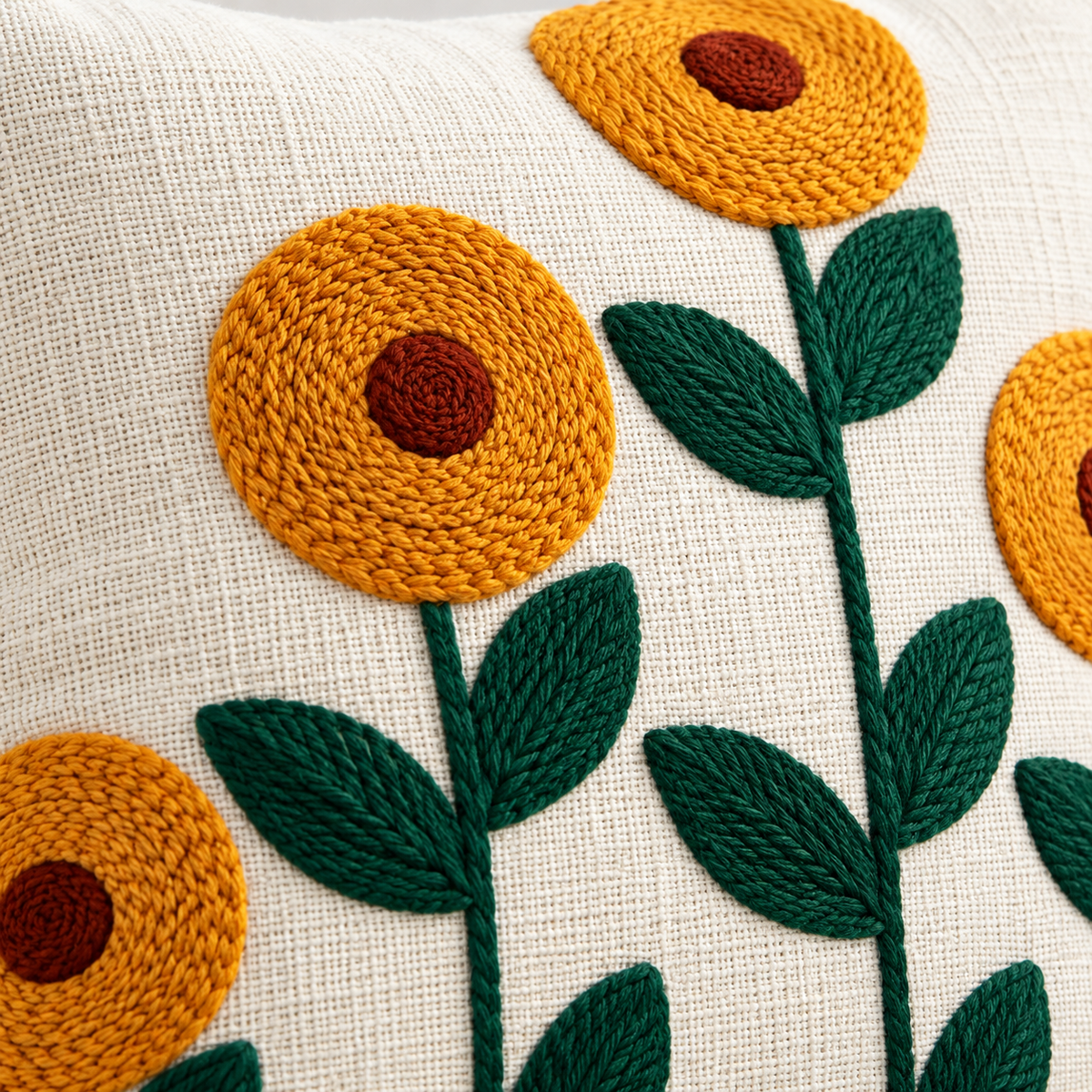 Sunflower Embroidered Cushion Covers – Set of 2, 16 × 16 Inch