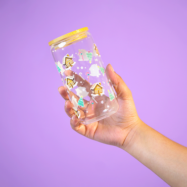 Set of 2 Blossom & Gingerbread Glass Tumbler Set – Aesthetic Floral & Festive Printed Cups with Bamboo Lids