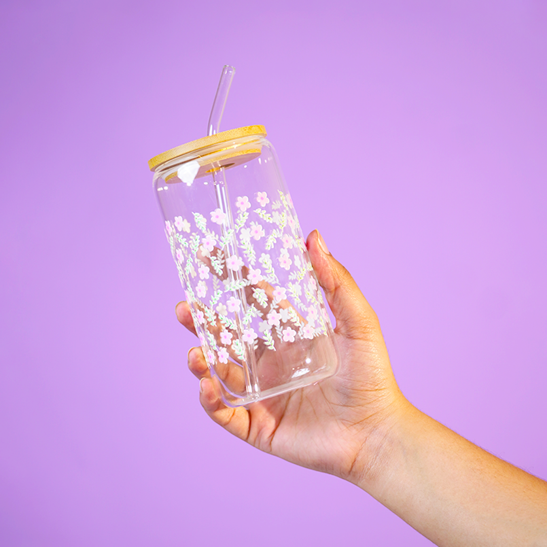 Set of 2 Blossom & Gingerbread Glass Tumbler Set – Aesthetic Floral & Festive Printed Cups with Bamboo Lids