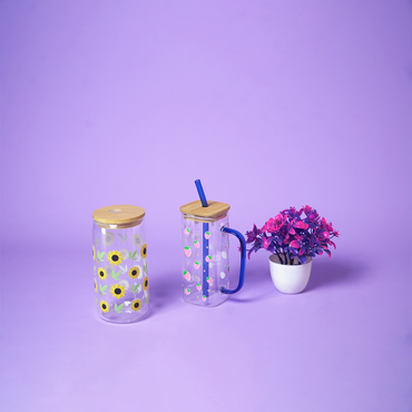 Set of 2 Sunshine & Berry Bliss Glass Tumbler Set – Floral & Strawberry Printed Cups with Bamboo Lid & Straw