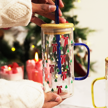Bow and Little Christmas Tree Glass Tumbler with Handle & Bamboo Lid – Set of 2 | Festive Holiday Design with Straw