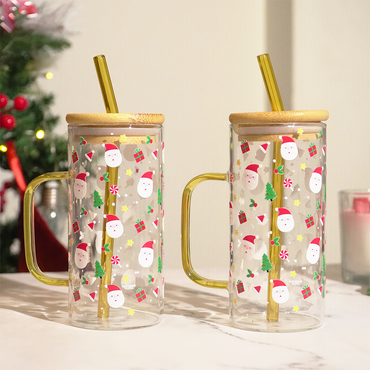 Christmas Santa Glass Tumbler with Handle & Bamboo Lid – Set of 2 | Festive Holiday Design with Straw