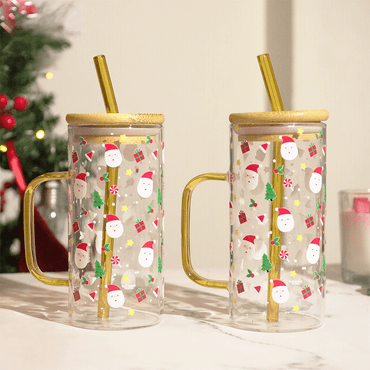 Christmas Santa Glass Tumbler with Handle & Bamboo Lid – Set of 2 | Festive Holiday Design with Straw - Memories Insite