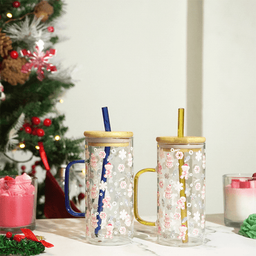 Christmas Ginger Bread with Minis Glass Tumbler with Handle & Bamboo Lid – Set of 2 | Festive Holiday Design with Straw - Memories Insite