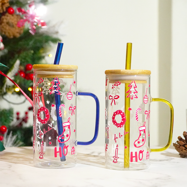 Christmas Glass Tumbler with Handle & Bamboo Lid – Set of 2 | Festive Holiday Design with Straw