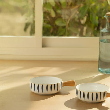 Elegant Ceramic Handle Bowl – Blue Leaf Pattern (1 Piece)
