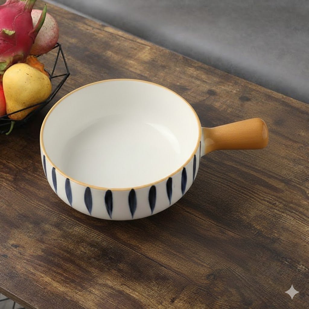 Elegant Ceramic Handle Bowl – Blue Leaf Pattern (1 Piece) - Memories InsiteBLUE LEAF PATTREN HANDLE BOWL