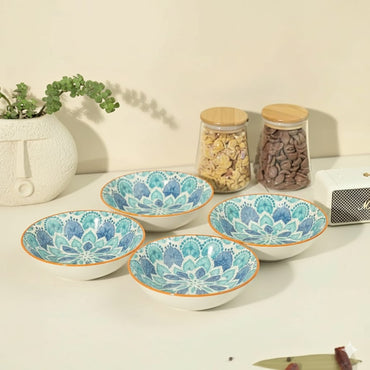 Elegant Aqua Bloom Ceramic Bowls – Set of 4 | Perfect for Snacks, Salads & Desserts