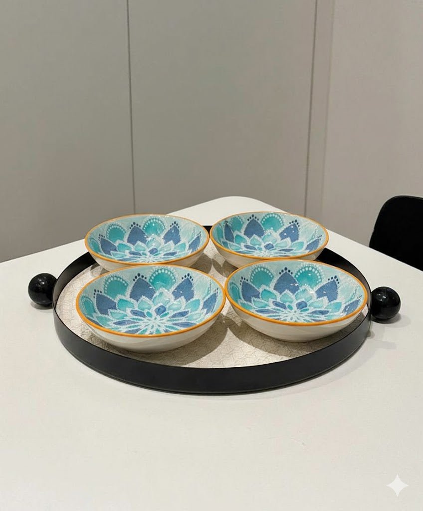 Elegant Aqua Bloom Ceramic Bowls – Set of 4 | Perfect for Snacks, Salads & Desserts - Memories InsiteAQUA BLOOM CERAMIC BOWLS (Set of 4)