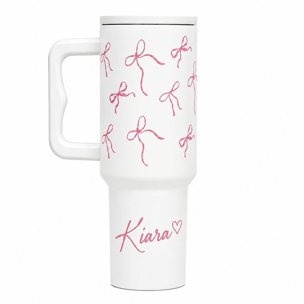 Personalized Pink Ribbon Bow Stainless Travel Tumbler with Handle & Straw