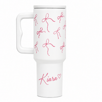 Personalized Pink Ribbon Bow Stainless Travel Tumbler with Handle & Straw
