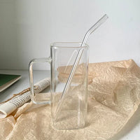 Vintage Square Glass Mug 400ml with Lid and Straw