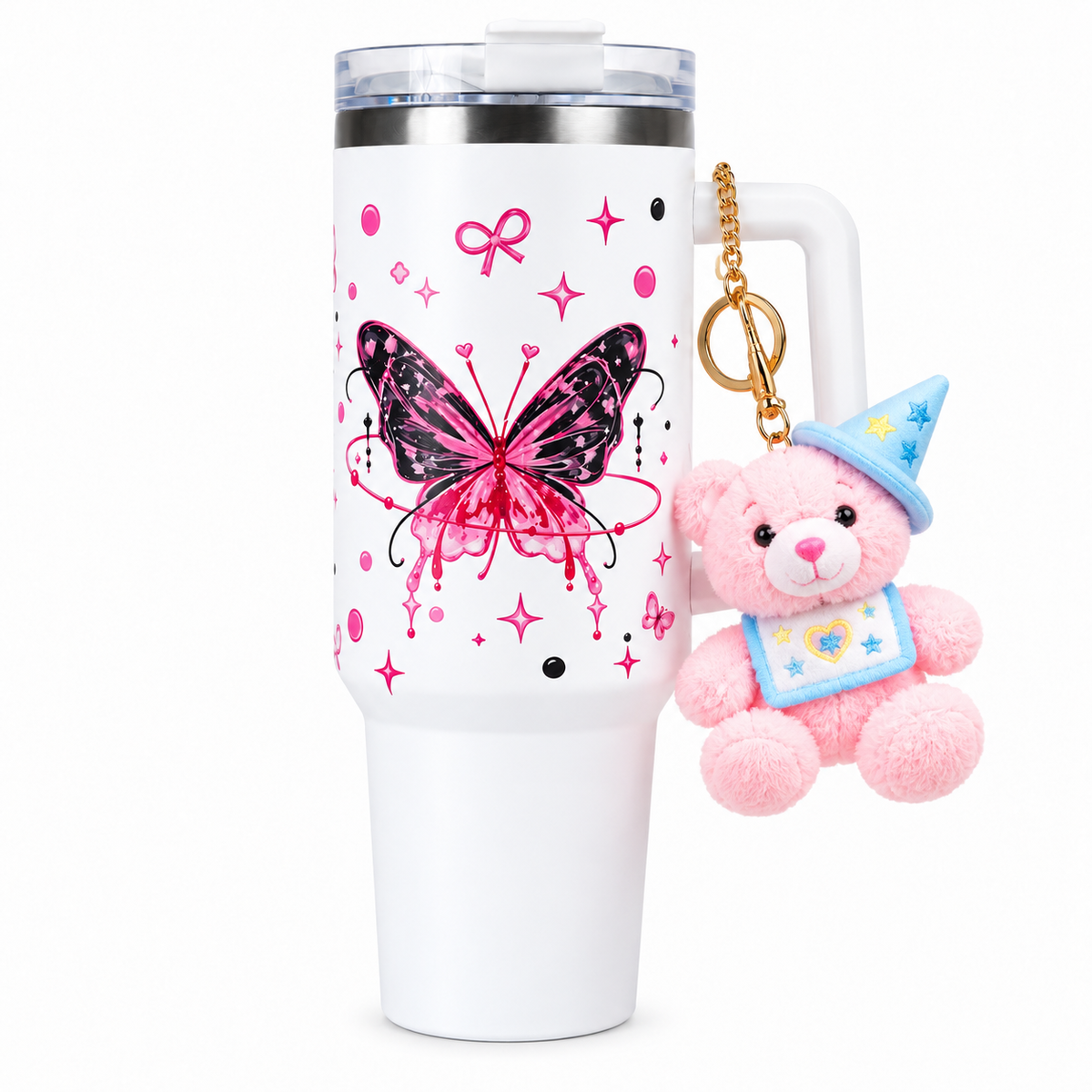 Butterfly Print Tumbler with Handle & Charm | Reusable Travel Cup | Cute Everyday Drinkware