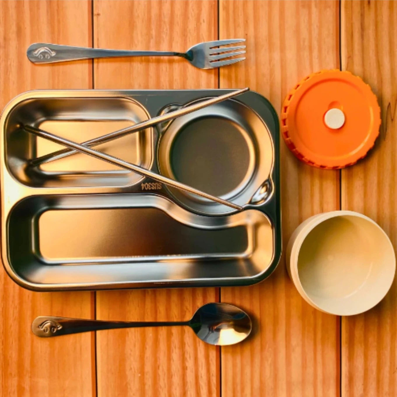 Stainless Steel Bento Lunch Box (3 Grid) With Bowl