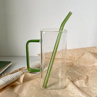 Vintage Square Glass Mug 400ml with Lid and Straw