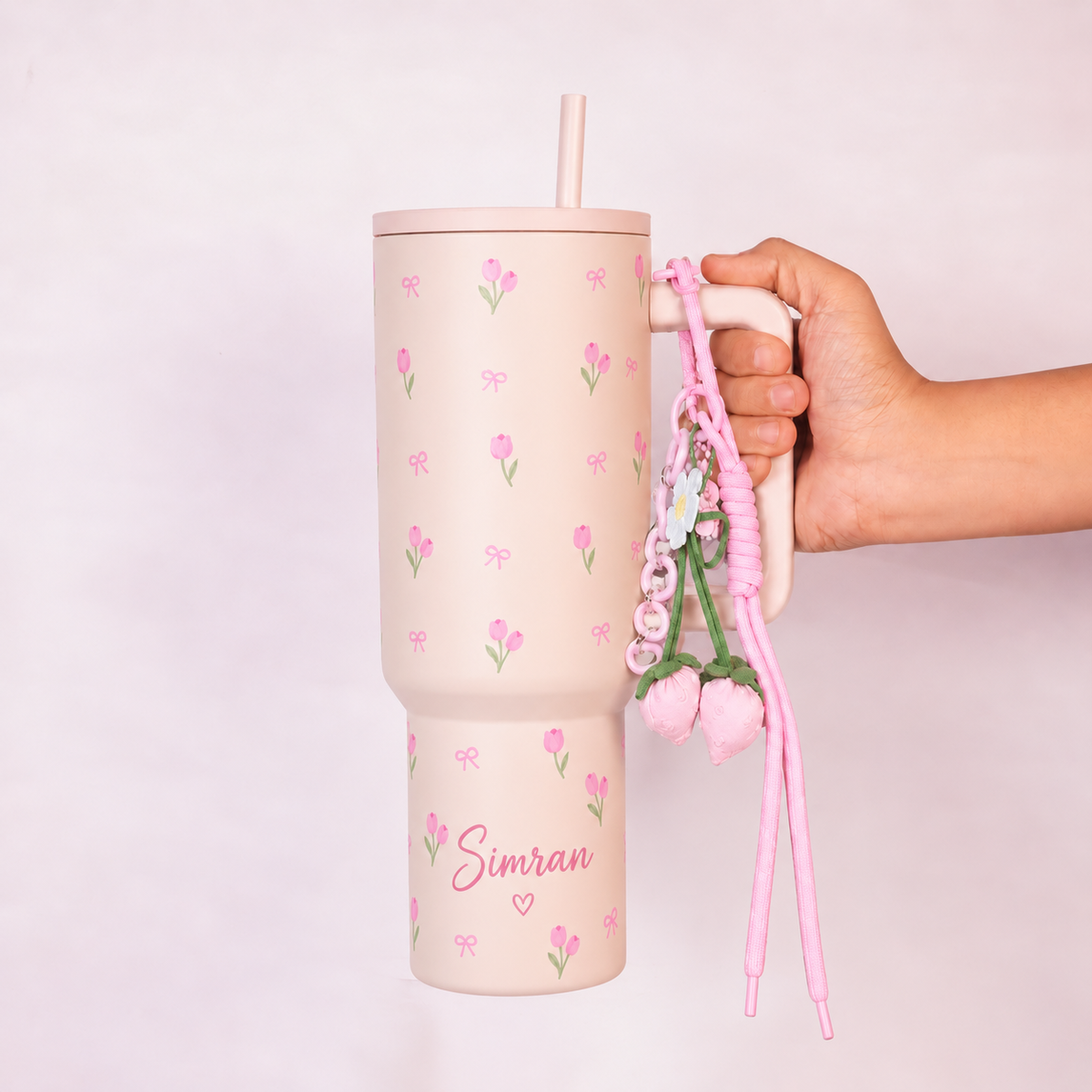 Personalized  Pink Tulip Bow Tumbler with Straw & Hand
