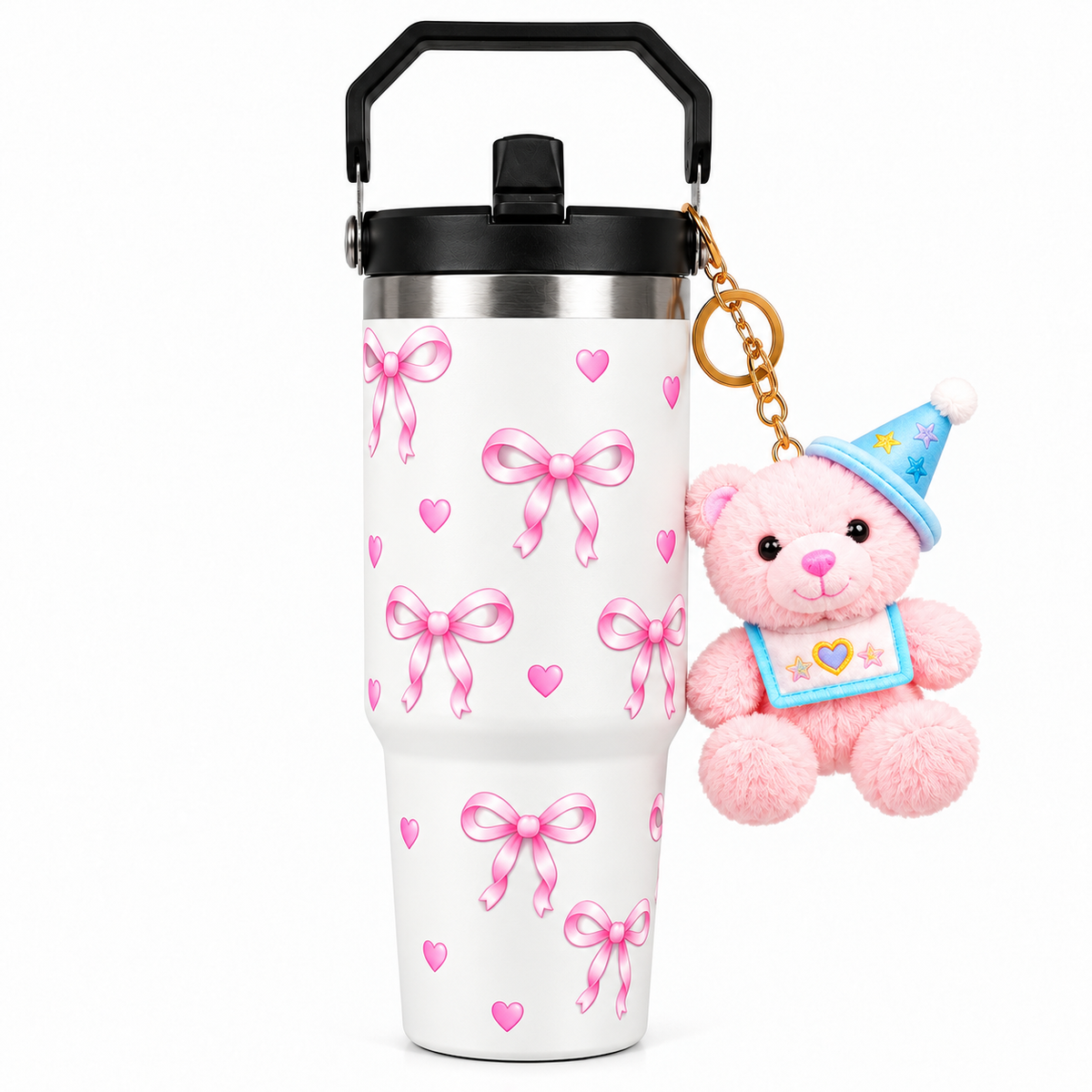Bow Print Tumbler with Handle & Charm | Reusable Travel Cup | Cute Everyday Drinkware