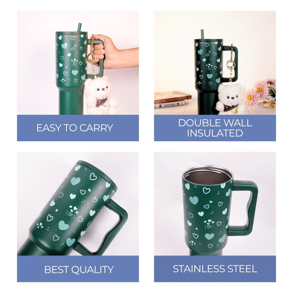 Green Heart Print Tumbler with Straw & Handle