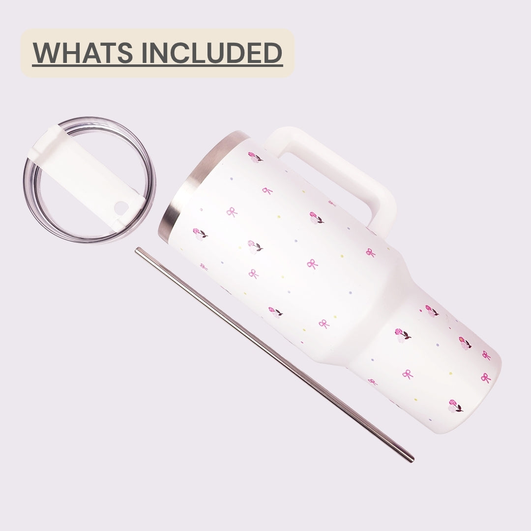 White Flower Tumbler with Handle & Straw – Cute Rose & Bow Design Reusable Travel Cup