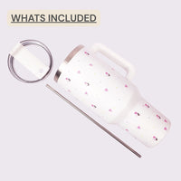 White Flower Tumbler with Handle & Straw – Cute Rose & Bow Design Reusable Travel Cup